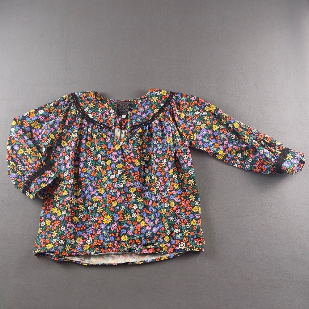 Johnny Was Peasant Boho Blouse Floral Rosa Poplin Black Cotton L19323-5 XS